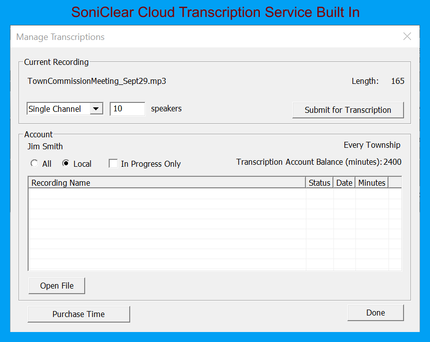 screenshot of SoniClear Cloud Transcription